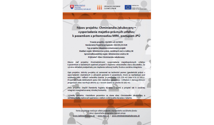 Chminianske Jakubovany – vysporiadanie majetko-právnych vzťahov k pozemkom s prítomnosťou MRK, postupom JPÚ